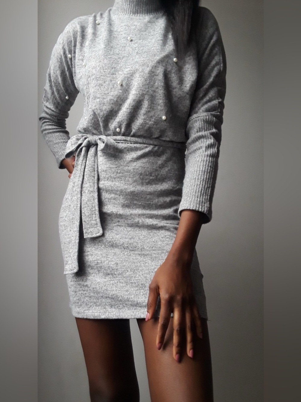 Almost Famous Gray Pearl-Embellished Knit Mini Dress